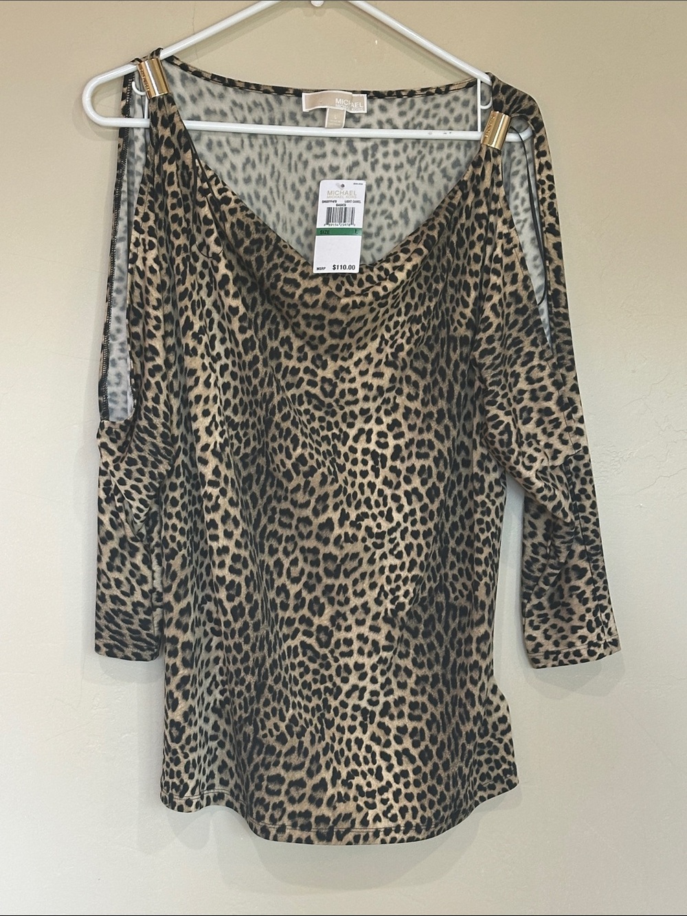 NWT | M Michael Kors Leopard Cold-Shoulder draped front Top Tan & Black Sz L